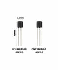Go-To Transistor Assortment Kit 100 Pcs TO-92 NPN BC550C PNP BC560C shown with dimensions 19mm x 4.5mm