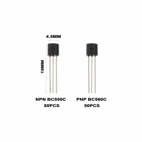 Go-To Transistor Assortment Kit 100 Pcs TO-92 NPN BC550C PNP BC560C shown with dimensions 19mm x 4.5mm