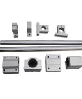 Heavy Duty Top Shelf 4Pc 30Mm Linear Motion Shafts 1000Mm With 8Pc SCS30UU Blocks And SK30 Mounts 12Mm Inner Bore Hardened Chrome Guideway Kit components, including rods and blocks.