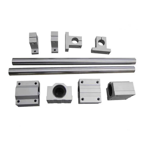 Heavy Duty Top Shelf 4Pc 30Mm Linear Motion Shafts 1000Mm With 8Pc SCS30UU Blocks And SK30 Mounts 12Mm Inner Bore Hardened Chrome Guideway Kit components, including rods and blocks.