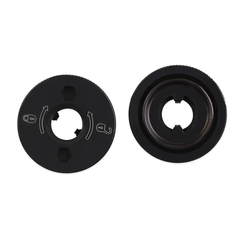 Heavy Duty Angle Grinder Flanged Hex Nut Two Pack Straight Up Lockdown Fit Replacement Threaded Hardware Compatible With DWE And DCG Type One Grinders, showing two black flanged hex nuts.