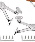 Solid Steel Cabinet Lid Support Hinges Two Pack Heavy Duty Folding Door Stays Zinc Coated Finish holds fifty pounds with screws.