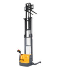 Full Electric Pallet Stacker And Straddle Forklift With 3300 LB Capacity And 220 Inch Lift; upright view with adjustable forks.