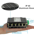 Rugged Industrial 5 Port Gigabit Ethernet Switch for DIN Rail or Wall Mounting in hand showing dimensions, IP 40 aluminum housing.