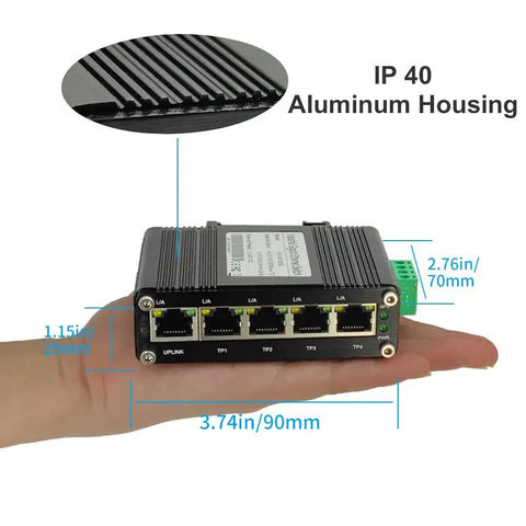 Rugged Industrial 5 Port Gigabit Ethernet Switch for DIN Rail or Wall Mounting in hand showing dimensions, IP 40 aluminum housing.