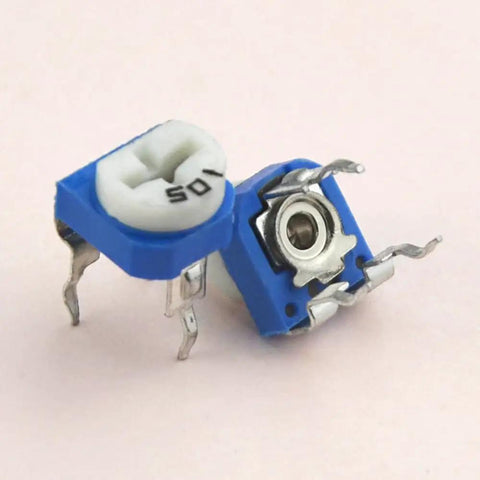 Close-up of 6mm trimmer potentiometers from the 100 Piece 6mm Trimmer Potentiometer Assortment Kit With 500 Ohm To 1 Megaohm Range Top Adjustment 3 Terminal Variable Resistors Carbon Film Metal Body Great For PCB Projects And Prototyping.
