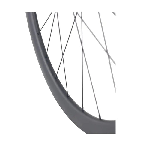 Close-up of Sapim spokes on a 700C Carbon Disc Wheelset 38mm Clincher Road Bike Wheels Centerlock With Slick Aero Ride