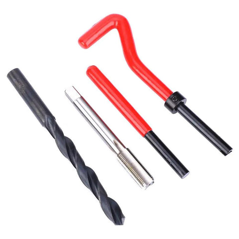 Close-up of 17 Piece Stainless Steel Thread Repair Kit with drill, twisted drill bit, tap, and wrench for industrial use.