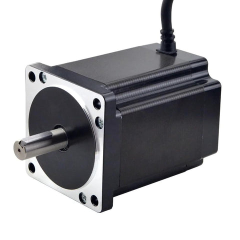 Nema 34 stepper motor for CNC, black housing with silver mounting face and protruding shaft
