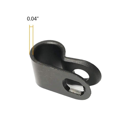 Close-up of a black R Type Cable Clip One Quarter Inch Nylon Screw Mount Cable Clamp Set For Wire Management showing thickness