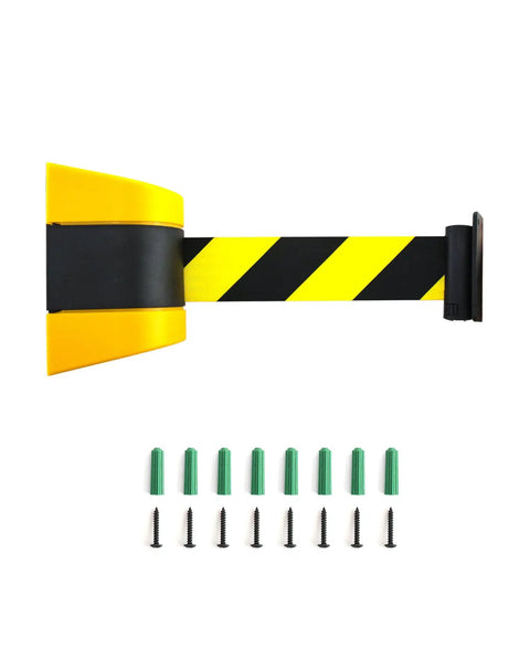 Fixed Wall Mount Retractable Belt Barrier With ABS Case 16 Ft Belt Black And Yellow Safety Belt Screws Included Space Saving Crowd Control Solution For Events Warehouses And Busy Venues, showing attached black and yellow safety belt and screws on white background.