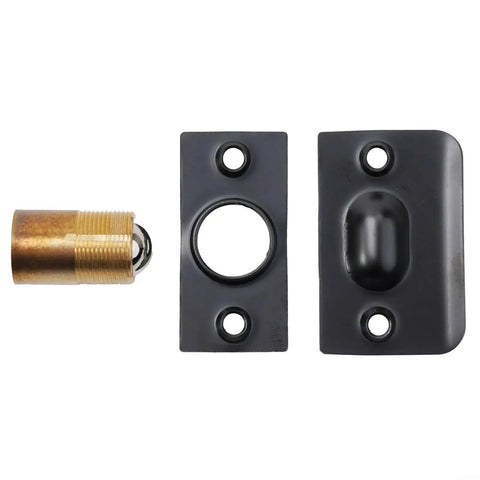 Solid Brass Roller Ball Door Catch Kit With Stainless Steel Roller, Adjustable Spring Latch, Strike Plate, Screws, Black Finish