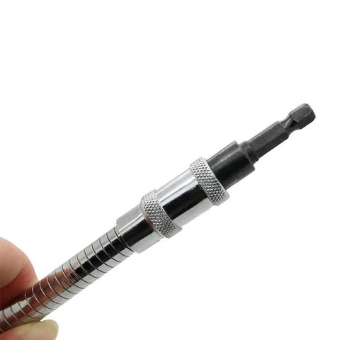 Close-up of 11.5 Inch Flexible Drill Bit Extension With Right Angle Adapter Magnetic Quick Change Hex Shank For Tight Spaces