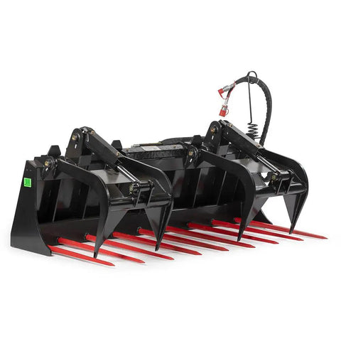 72 Inch Manure Tine Grapple Bucket Attachment With SSQA Hay Spear Frame And Double Grapple Rake Arms For Heavy Duty Clamping Power And 3000 PSI Twin Cylinders Do It All On The Farm