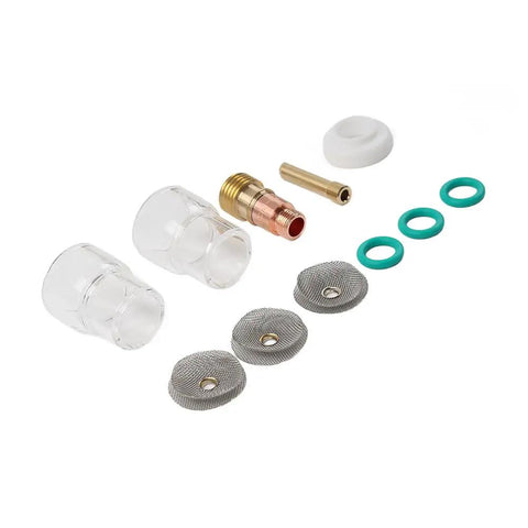 Pro Grade Stubby Gas Lens TIG Glass Cup Kit With 11 Pieces For TIG WP 17 18 26, including clear glass cups and sieve