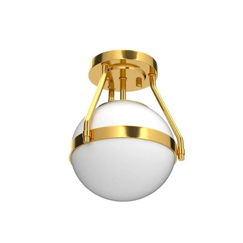Dope Mid Century Globe Semi Flush Mount Ceiling Light In Brushed Gold With Milky White Glass Shade Industrial Style Fixture