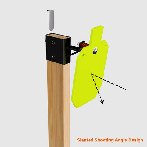 AR500 Steel Target System Complete Kit For Silhouette Targets with yellow target on wooden stand showing angle design