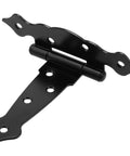 Single black T shape strap hinge from Six Pack 5 Inch T Shape Strap Hinges With Screws, made of heavy iron, rustproof and outdoor rated.