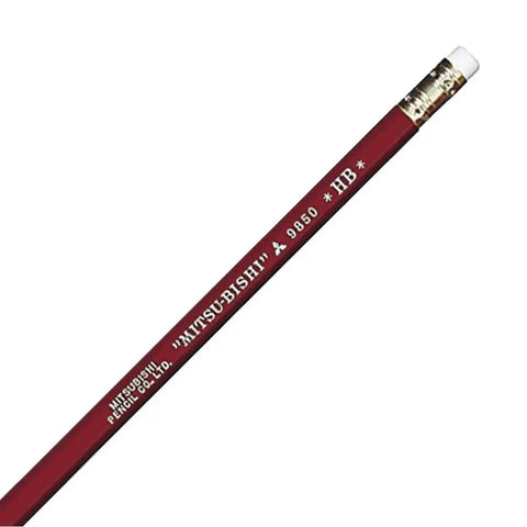 Mitsubishi Pencil With Eraser 9850 HB Hardness For School Or Office, Smooth Lead, Red Finish, shown with eraser and pencil tip