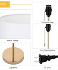 Lit Gold Nightstand Lamp With Metal Base And Fabric Shade close-up details like pull chain, E26 bulb base, and UL plug