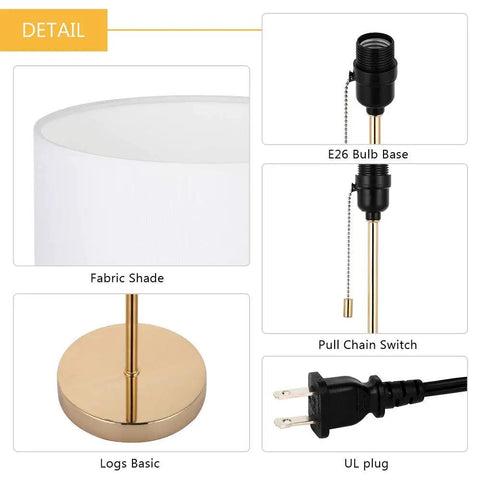 Lit Gold Nightstand Lamp With Metal Base And Fabric Shade close-up details like pull chain, E26 bulb base, and UL plug