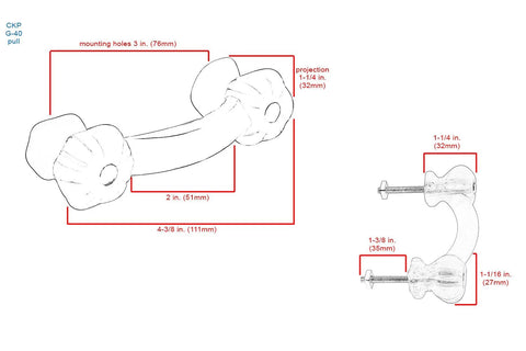 Diagram of Elegance Glass Collection Clear Glass Drawer Pull For Cabinets And Furniture with dimensions and mounting holes