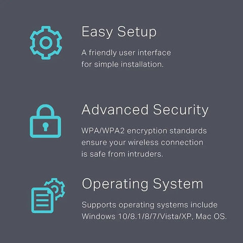 USB WiFi Adapter for PC N150 Nano Size Dongle setup, security, and OS compatibility infographic.