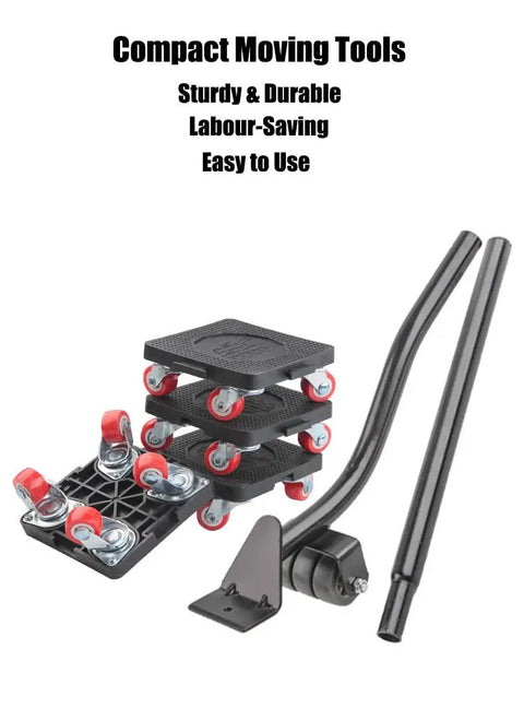 Heavy Duty Furniture Mover Lifter Kit With Extension Bar And Four Wheel Dollies For Moving Heavy Sofas Cabinets And Beds Up To 440 Lbs, showing dolly set and extension bar