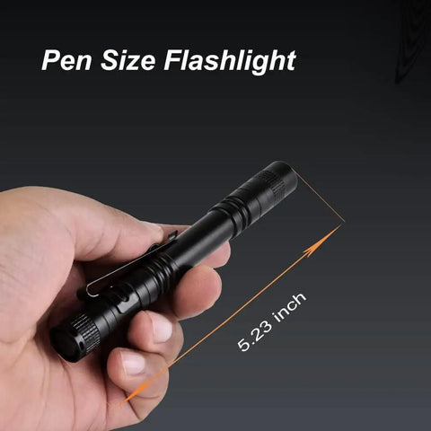 Five Pack Pen Light Flashlights With Clip Ultra Bright Q5 LED Mini Pocket Flashlights held in hand, showing size and clip.