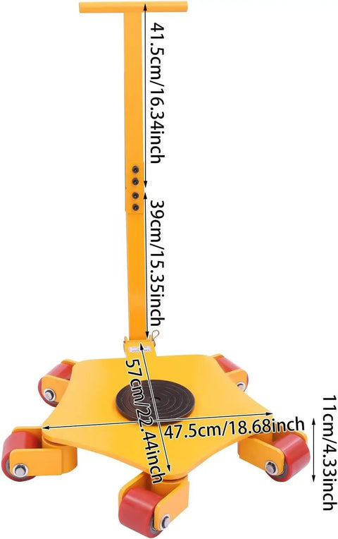 Heavy Duty Machine Skates 4409 Lbs Rock Solid Carbon Steel Industrial Dollies with red swivel rollers and height measurements.