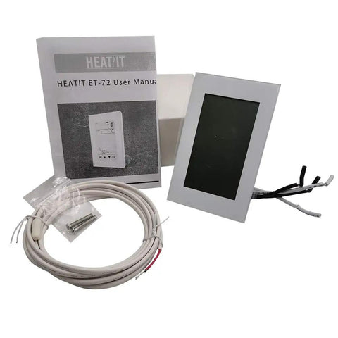 ET-72 Digital Programmable Thermostat For Floor Heating With Large LCD Display, user manual, cable, and mounting kit