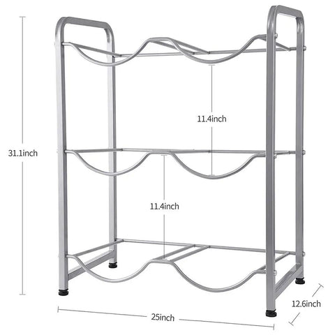 Heavy Duty 3 Tier Water Jug Rack For 5 Gallon Jugs, Detachable, Easy Assembly Storage Stand, Silver Finish, dimensions shown