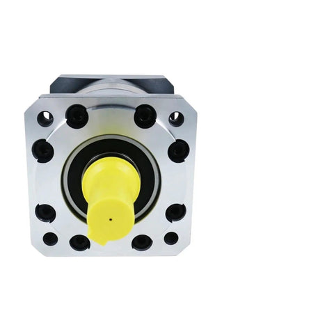 Rock Solid High Precision Planetary Gearbox Cranks Out Serious Torque For Heavy Duty Motor Speed Reducer Assembly With 160mm Industrial Frame 35 To 1 Ratio front view showing yellow output shaft and mounting holes.