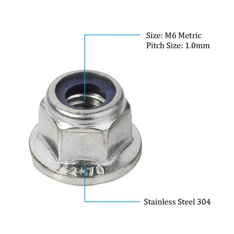 M6 1.0 Nylon Insert Flange Lock Nuts Stainless Steel 304 DIN 6926 Bright Finish 25 Pack product image with size and material
