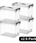 Big Boss 90 Quart Clear Plastic Storage Bins 8 Pack With Snap On Lids, heavy duty translucent containers stacked for organization.