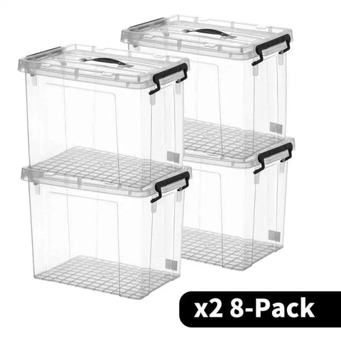 Big Boss 90 Quart Clear Plastic Storage Bins 8 Pack With Snap On Lids, heavy duty translucent containers stacked for organization.