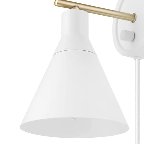 Dope Lofty Chic Modern Matte White Wall Sconce With Brass Accent 1 Light Plug-In Or Hardwire Stepless Dimming Rotary Switch