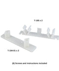 DIY Friendly Easy Install False Front Clips Kit For Kitchen Cabinets And Sink Drawers For Four And A Quarter Inch Opening Includes Two Male And Two Female Connectors Eight Wood Screws And Installation Instructions, close-up of white connectors.