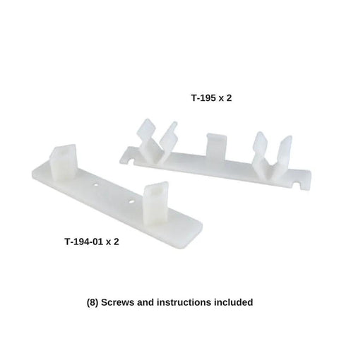 DIY Friendly Easy Install False Front Clips Kit For Kitchen Cabinets And Sink Drawers For Four And A Quarter Inch Opening Includes Two Male And Two Female Connectors Eight Wood Screws And Installation Instructions, close-up of white connectors.