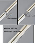 Installation steps of Solid Aluminum Sliding Barn Door Track Kit featuring smooth rail connector and alignment guidance.