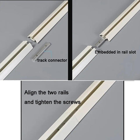 Installation steps of Solid Aluminum Sliding Barn Door Track Kit featuring smooth rail connector and alignment guidance.