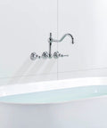 Vintage Tub Faucet Wall Mount 3 Hole 8 Inch Center Chrome Finish Solid Brass Construction Drip Free One Quarter Turn Ceramic Disc Cartridge 9.6 Inch Spout Reach Retro Bath Upgrade