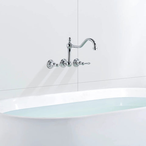Vintage Tub Faucet Wall Mount 3 Hole 8 Inch Center Chrome Finish Solid Brass Construction Drip Free One Quarter Turn Ceramic Disc Cartridge 9.6 Inch Spout Reach Retro Bath Upgrade