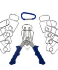 Premium TKOWTB Miter Spring Clamps With 304 Steel Rust Proof Build For Woodworking Projects, 90 Degree Precision Molding And Frame Assembly Kit Including Pro Pliers. 304 steel clamps and blue-handled pliers on white background