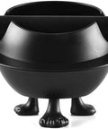 Slick Wide Top Coffee Knock Box With Removable Strike Bar And Heavy Duty Abs Plastic Espresso Tamping Tray Plus Grounds Catcher Container on three feet.