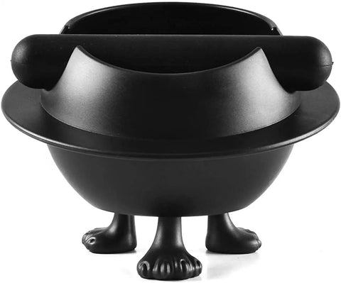 Slick Wide Top Coffee Knock Box With Removable Strike Bar And Heavy Duty Abs Plastic Espresso Tamping Tray Plus Grounds Catcher Container on three feet.