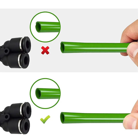 Diagram showing correct and incorrect use of Three Eighths Inch Push To Connect Air Fittings Heavy Duty Y Splitter with hose