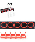 Heavy Duty Wall Mounted Spray Bottle Holder Hella Strong Steel Storage Rack For Garage Cleaning Supplies And Detailing Tools with red hooks.