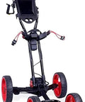 Slick Four Wheel Golf Push Cart With Tough Aluminum Frame One Click Fold Design featuring smooth rolling wheels and adjustable grip handle.