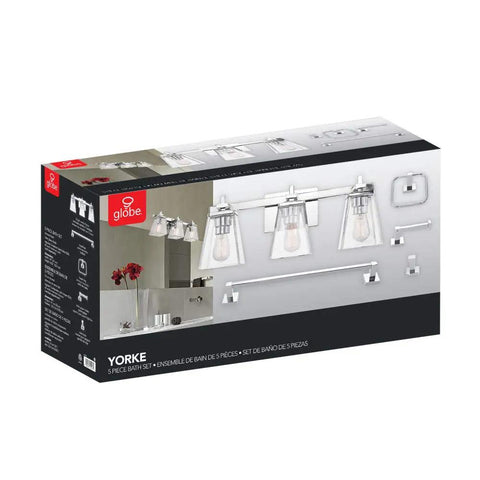 Box of Yorke 5-Piece All-In-One Bathroom Set with Chrome Finish and Clear Glass Empire Shade Vanity Lights displayed on packaging.